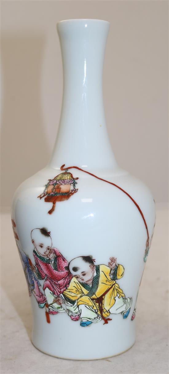 A Chinese famille rose boys bottle vase, late 20th century, 21.5cm